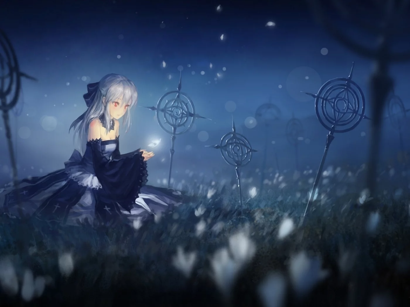 арт, поляна, сидит, девушка, pixiv fantasia, лепестки, ночь, hjl