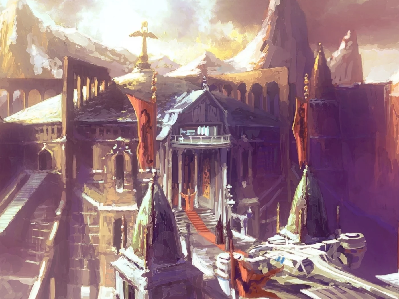 арт, сооружение, крепость, горы, фантастика, mountain citadel, цитадель, by peteamachree, флаги
