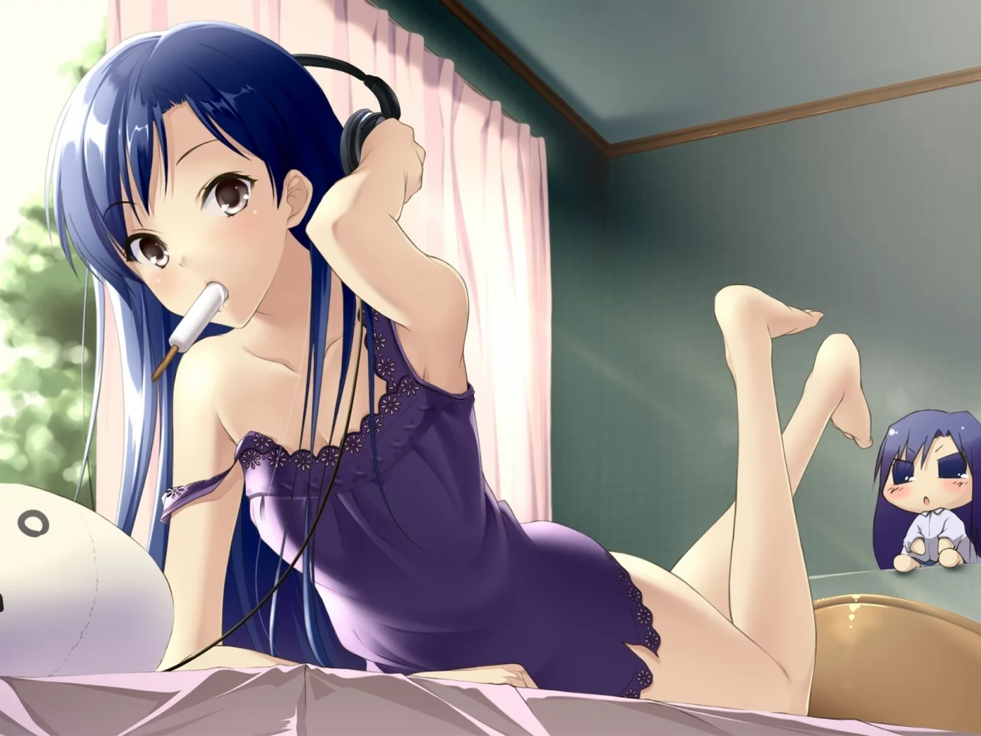 idolmaster, лежит, мороженое, кровать, chibi, девушка, kisaragi chihaya, наушники