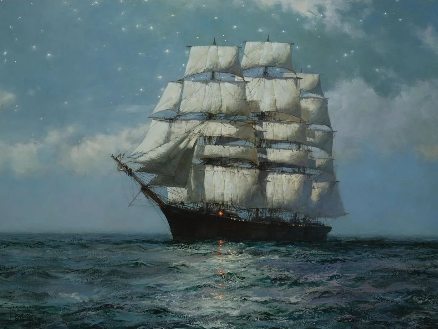 звёздное небо, clipper ship, штиль, звёзды, montague dawson, море, парусник, клипер, moonlit sea
