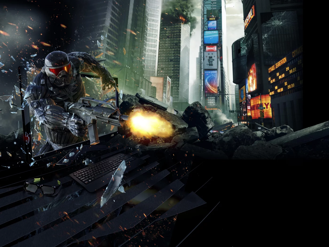 кризис, монитор, очки 3d, crysis 2, нью йорк, город