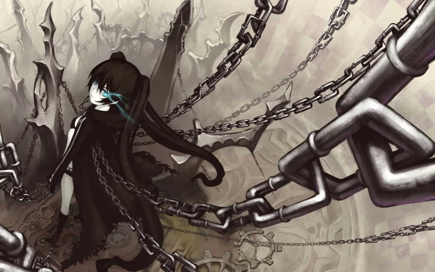 цепи, black rock shooter, девушка, мато, стрелок с чёрной скалы, оружие