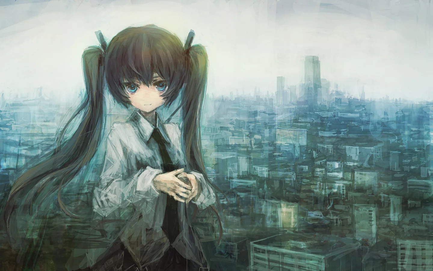 город, hatsune miku, рисунок
