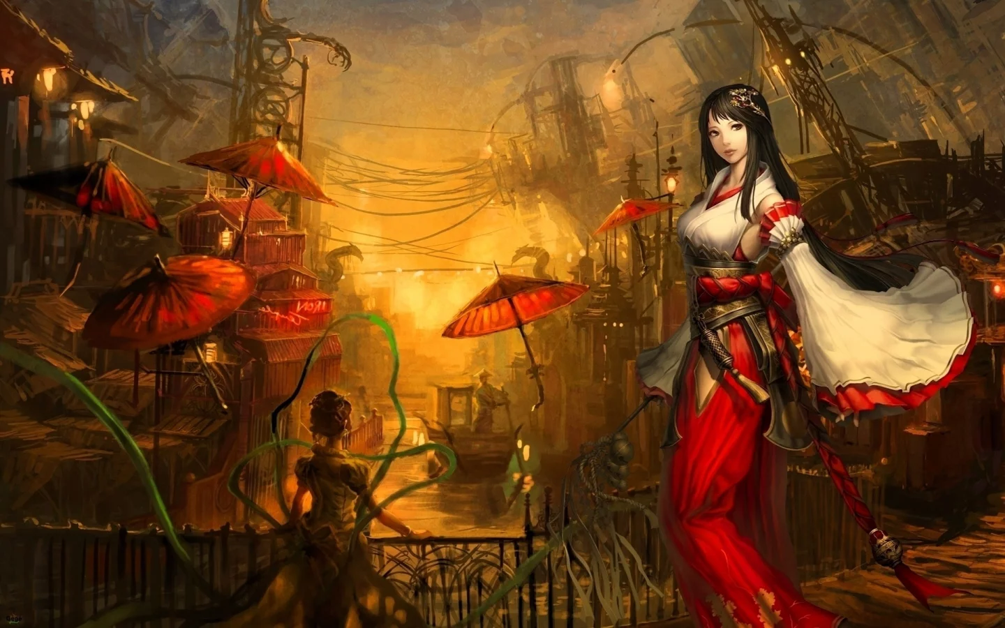 лодка, atlantica online, зонтики, платье, лента, город, девушки