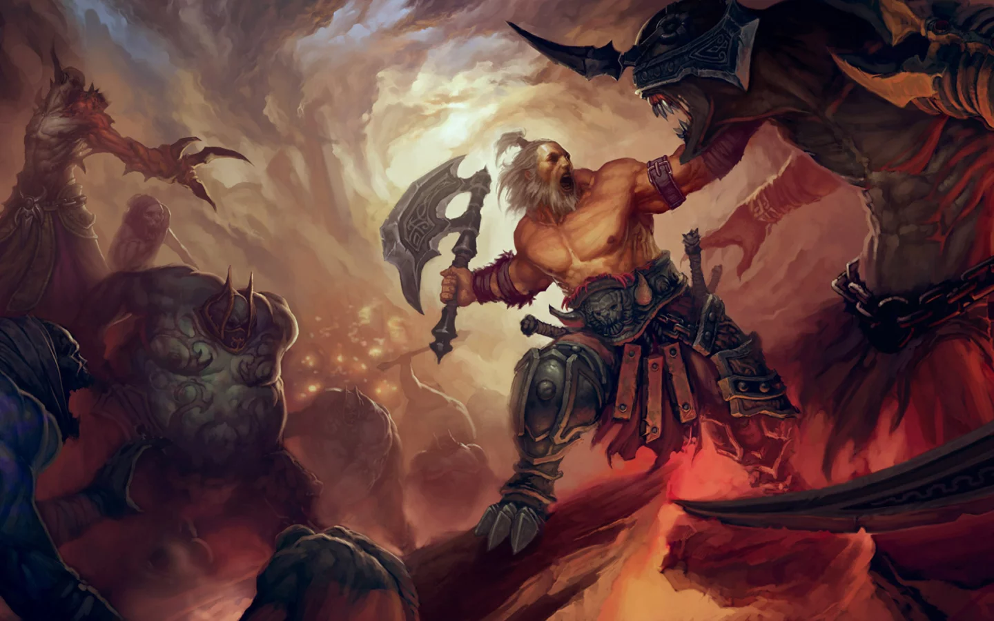 варвар, пожилой, топор, дым, раскол, монстры, броня, огонь, diablo 3, доспехи