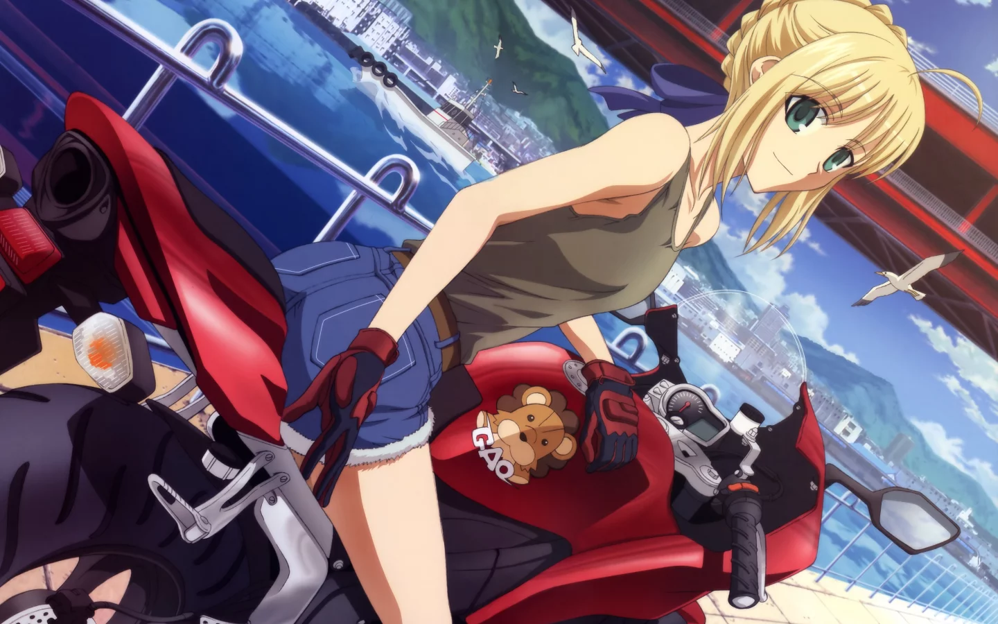 saber, fate stay night, мотоцикл, девушка, взгляд, река, bike