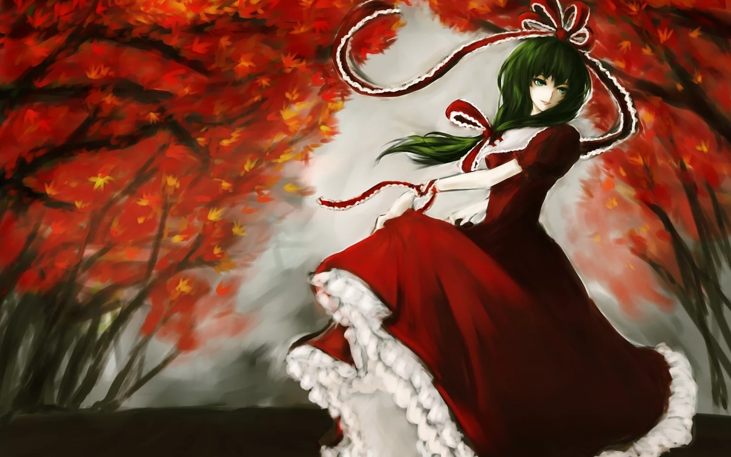 лента, платье, touhou, девушка, kagiyama hina, деревья, рисунок, осень