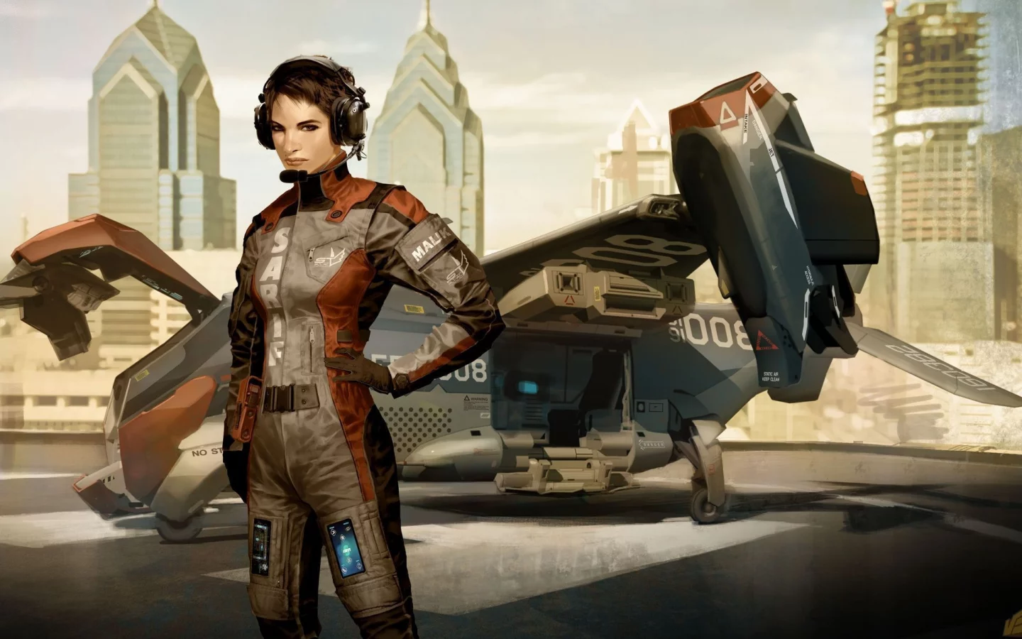 графика, самолет, deus ex, арт, игра, пилот, девушка, human revolution