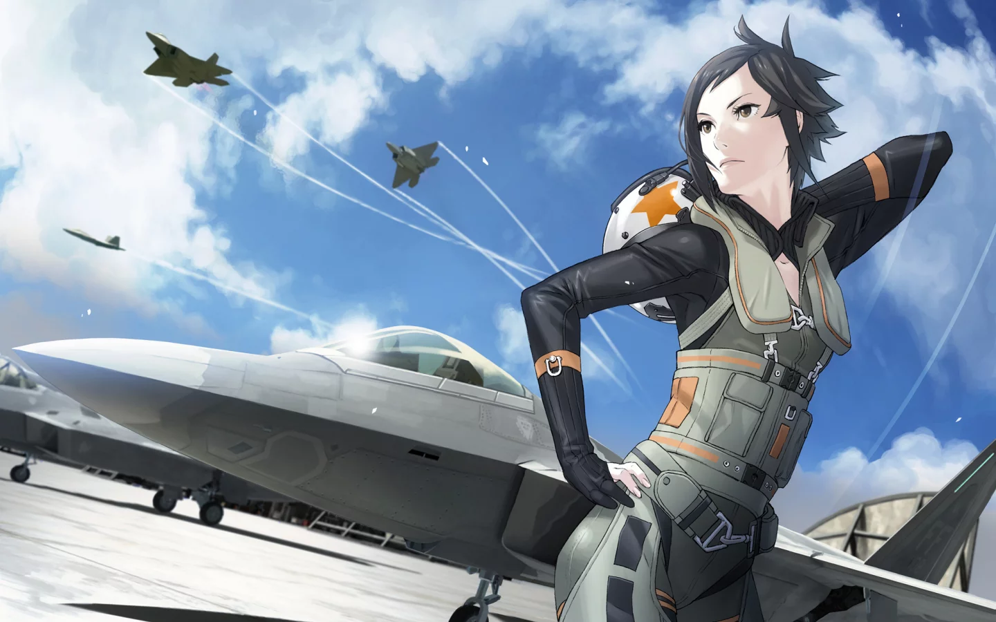 самолет, арт, kozaki yusuke, истребитель, шлем, костюм, ace combat, девушка, kei nagase