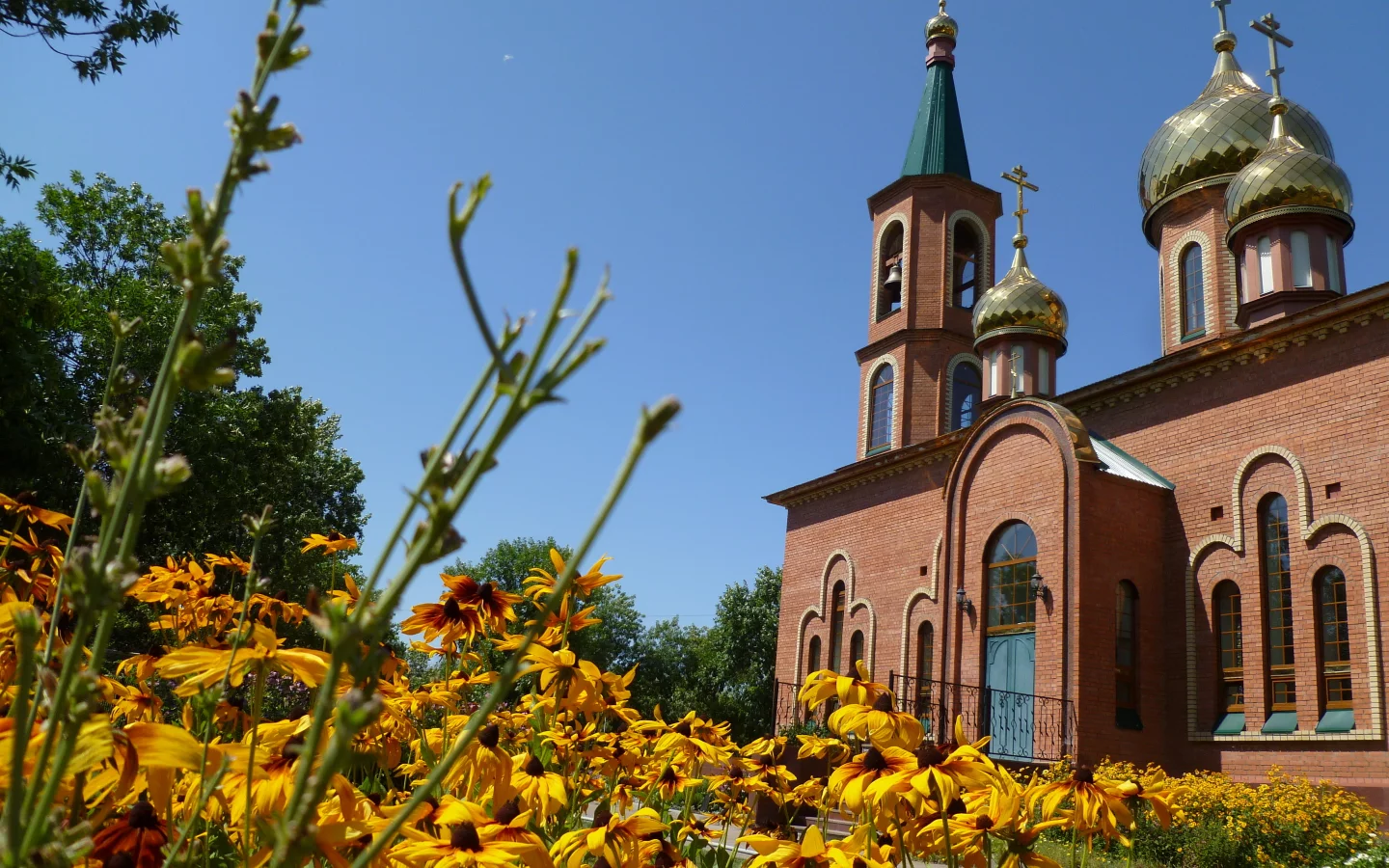 цветы, церковь, желтый, крест