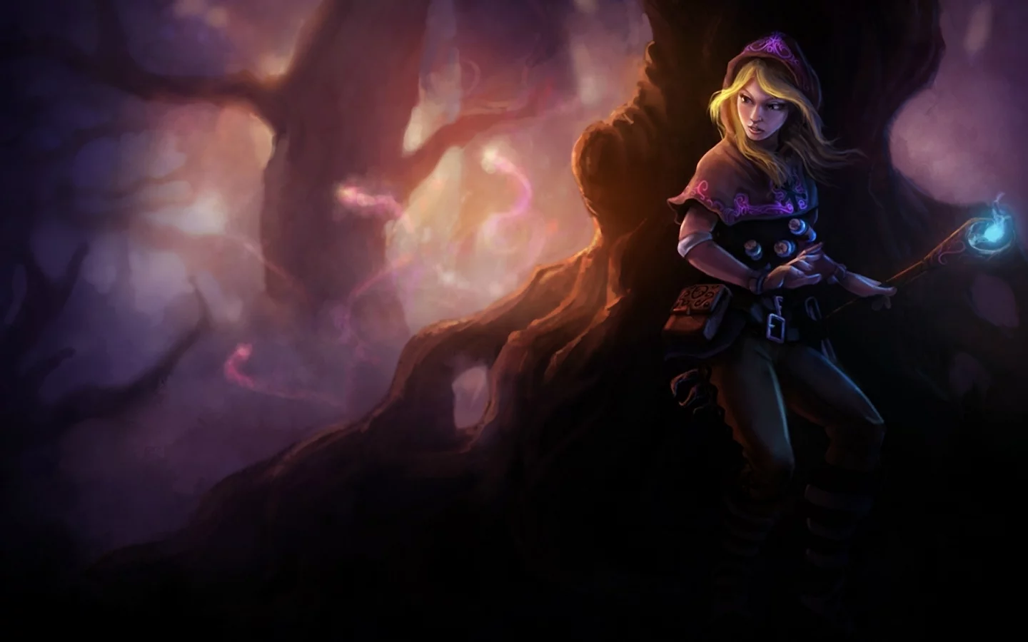 капюшон, lux, фонарь, арт, league of legends, лес, огонек, магия, девушка, темно