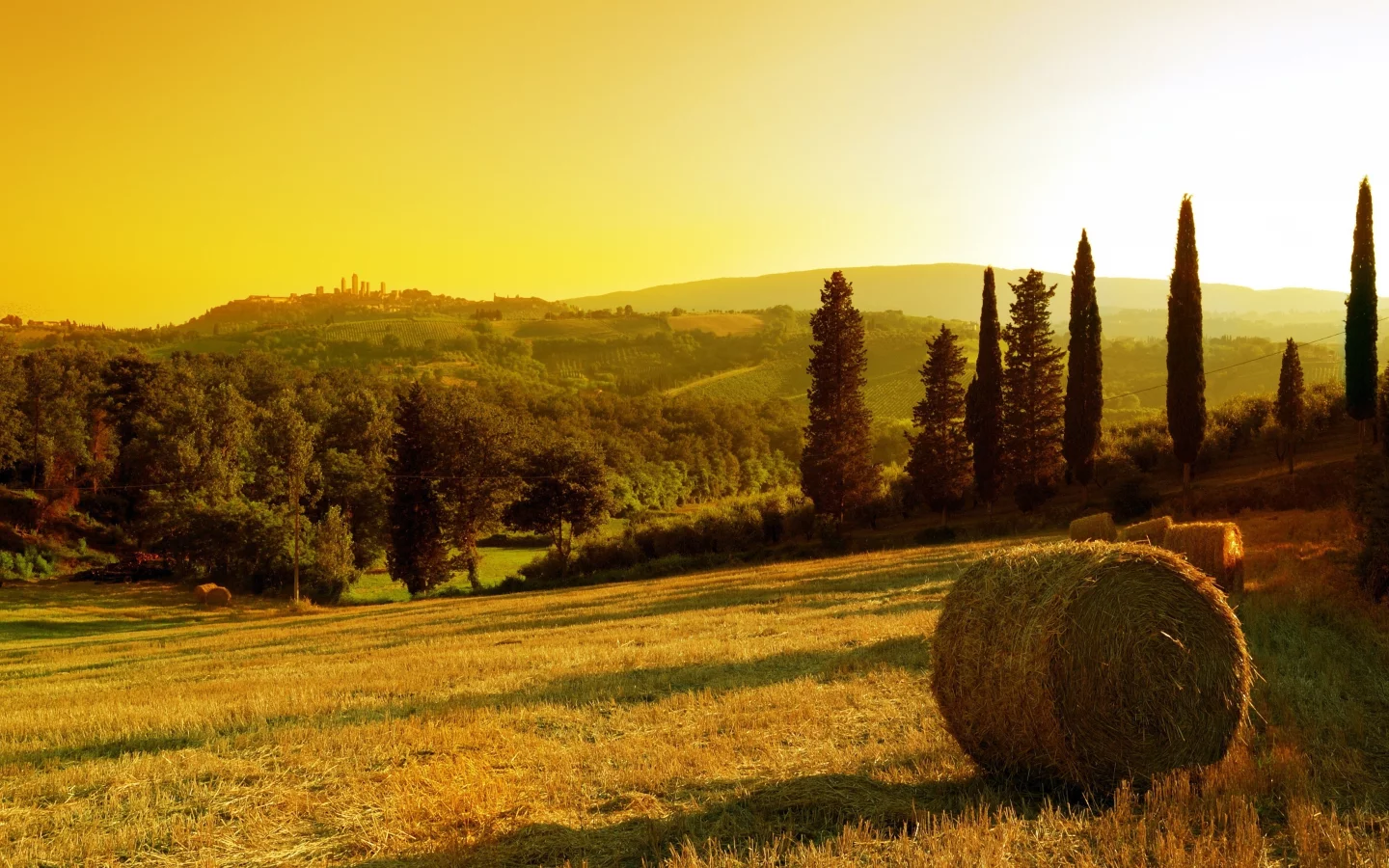 деревья, sunset in village, стог, солнце, закат, сено, поле, небо, золотое