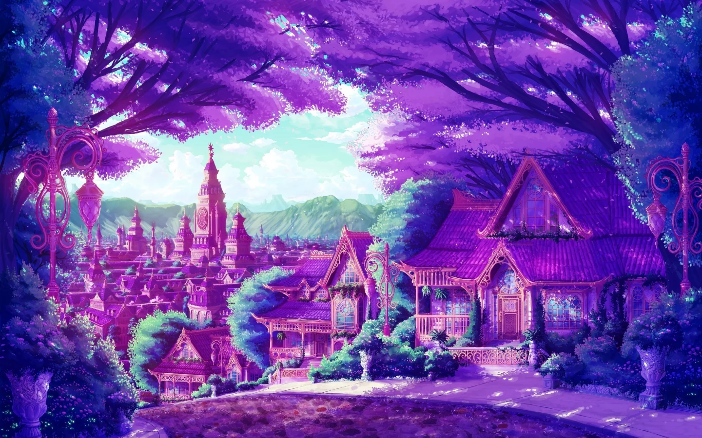 деревья, дома, горы, башня, дорога