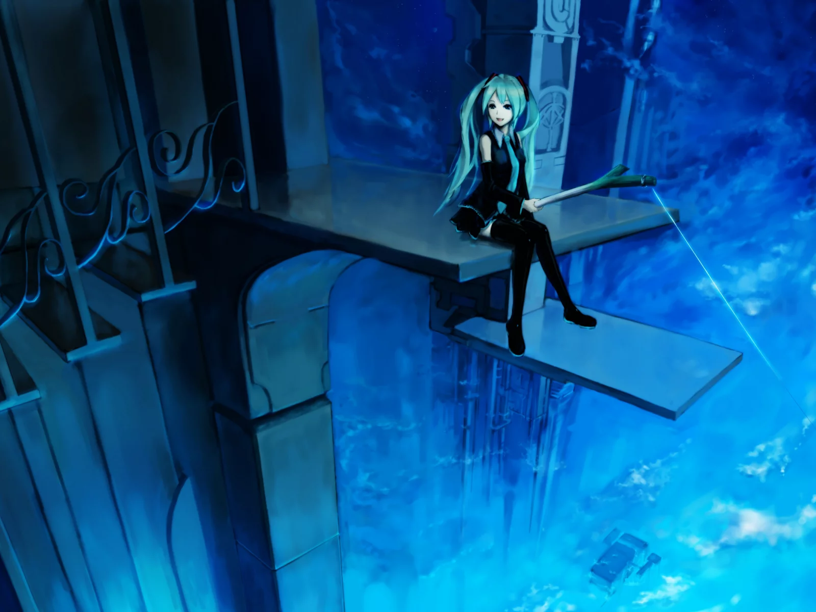 удочка, hatsune miku, улыбка, vocaloid, лестница, высота, девушка
