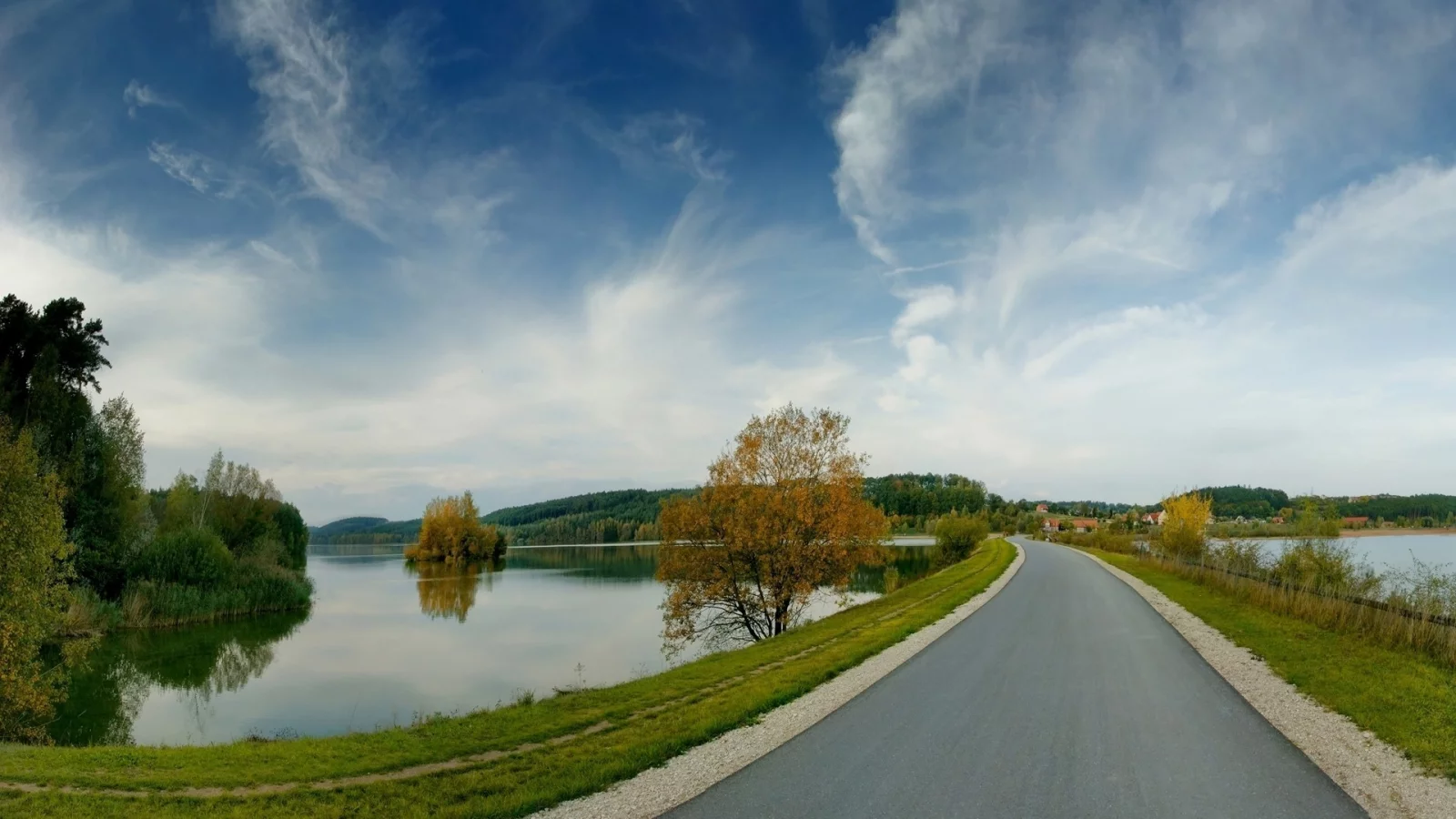 лес, пейзаж, небо, дорога, осень, река, природа, деревья
