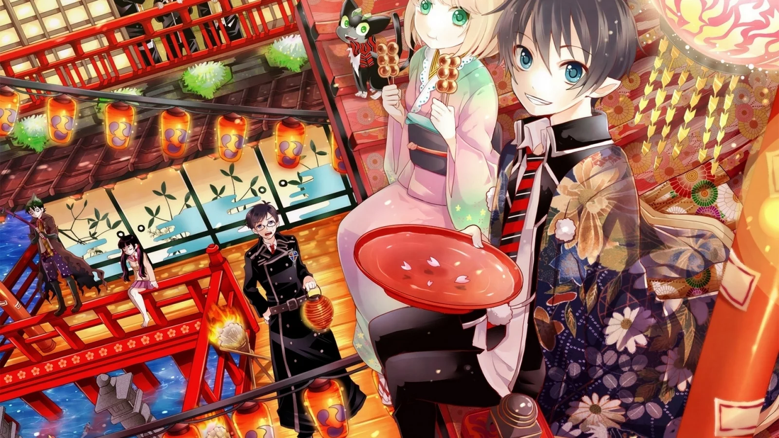 ao no exorcist, кимоно, фонари, синий экзорцист, тарелка, сладости