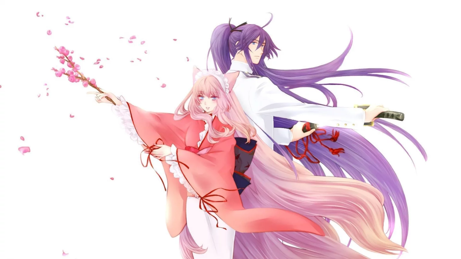 vocaloid, аниме, kamui gakupo, парень, вокалоид, сакура, весна, кимоно, девушка, оружие, megurine luka