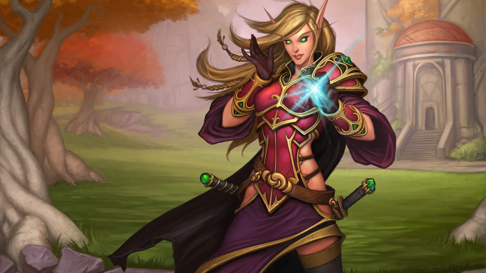 меч, эльфийка, the burning crusade, деревья, уши, беседка, эльф, оружие, магия, world of warcraft, пейзаж