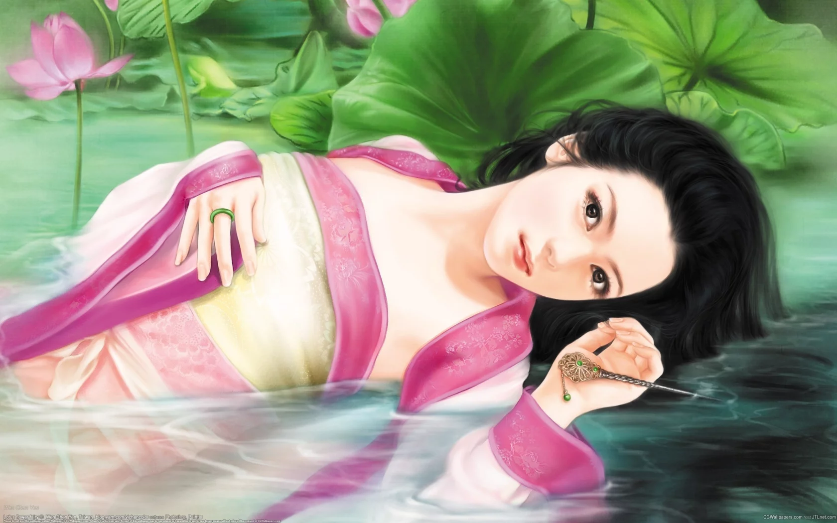 wen chen yen, арт, лежит, цветы, кольцо, кувшинки, девушка, листья, пруд, кимоно, вода