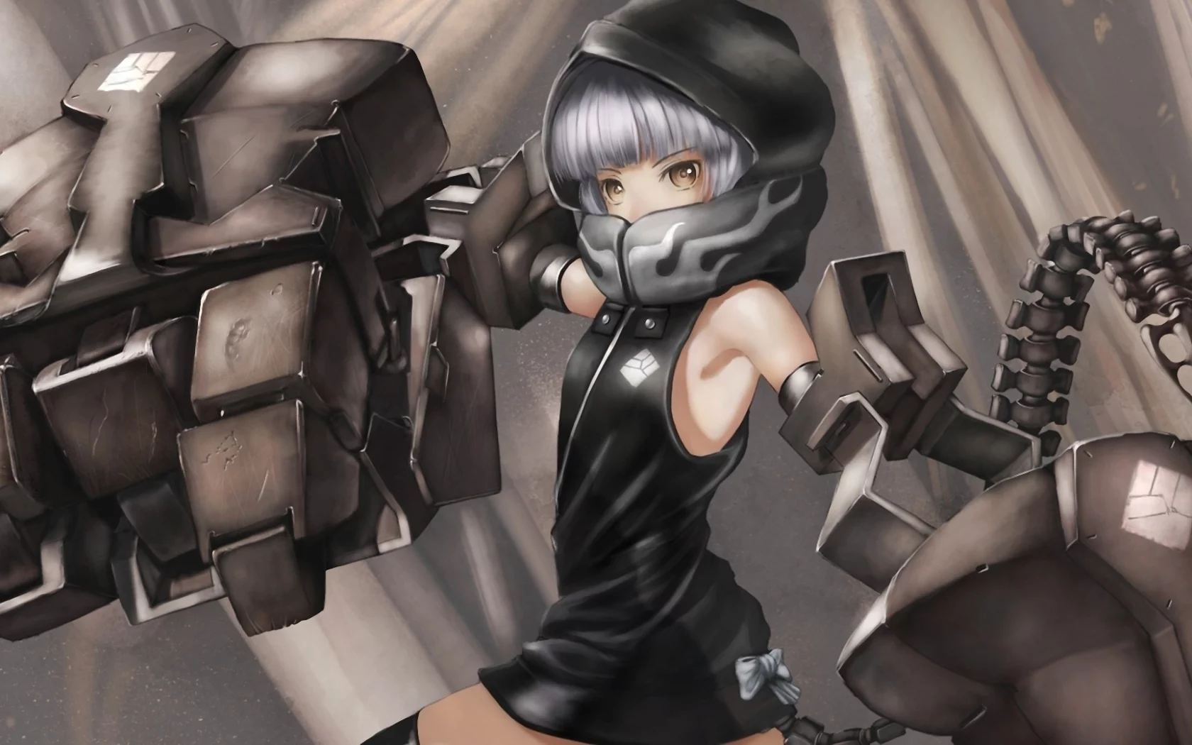 black rock shooter, yuu, металл, хвост, оружие, руки, девочка, капюшон