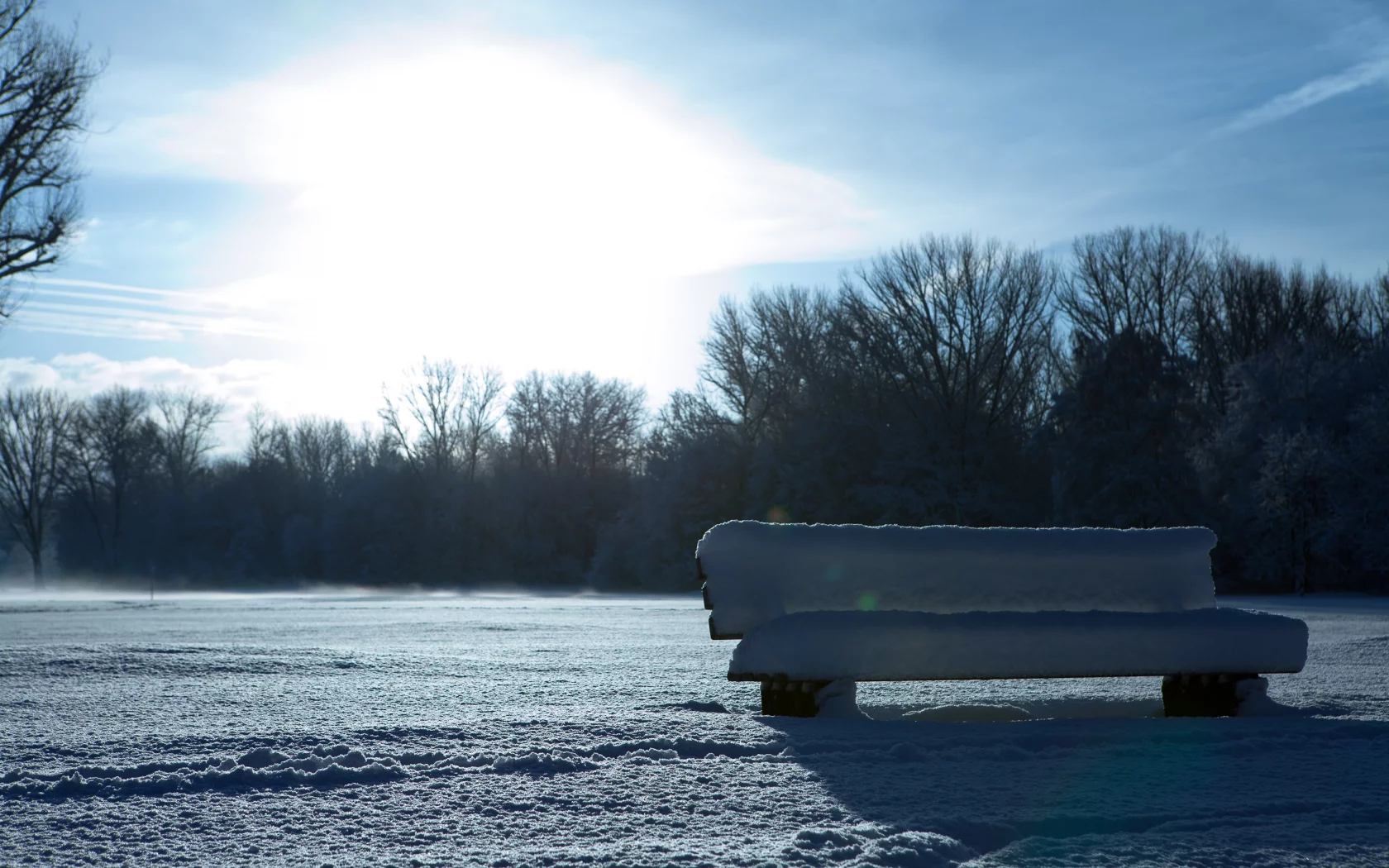 bench, в снегу, искрится, скамья, снег, день, парк, зима