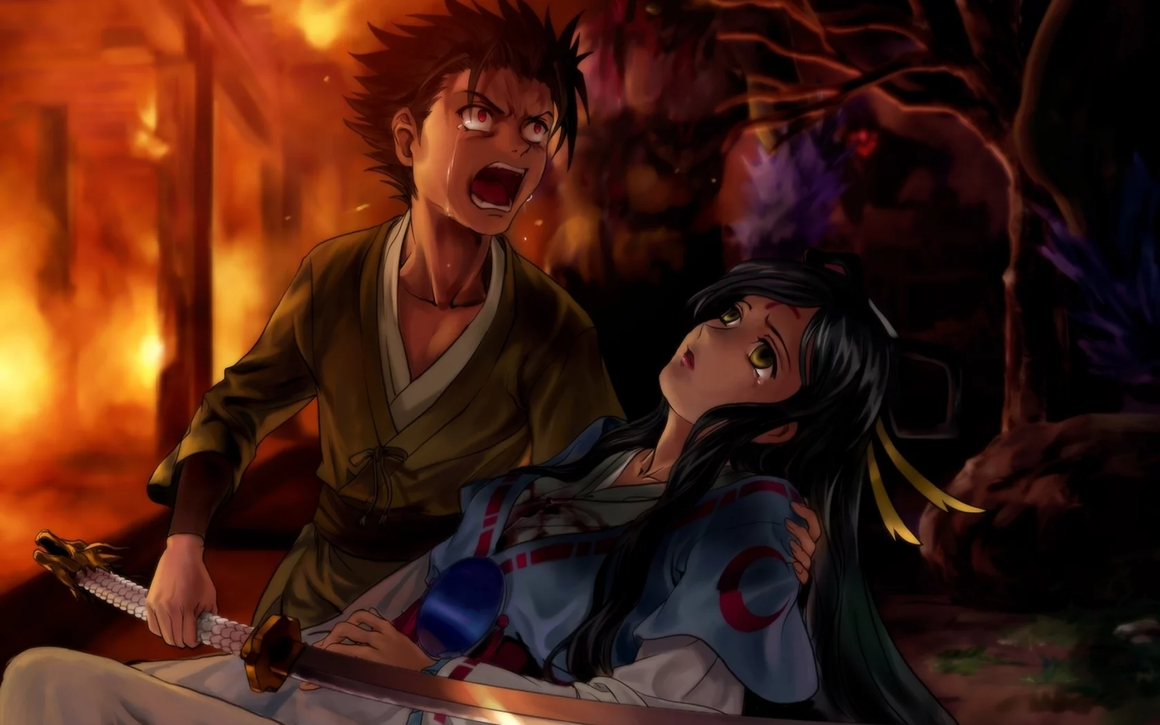 огонь, парень, tsubasa reservoir chronicle, девушка, слезы, катана, kurogane, мертва, меч, горе, кимоно, эмоции, moonknives, арт