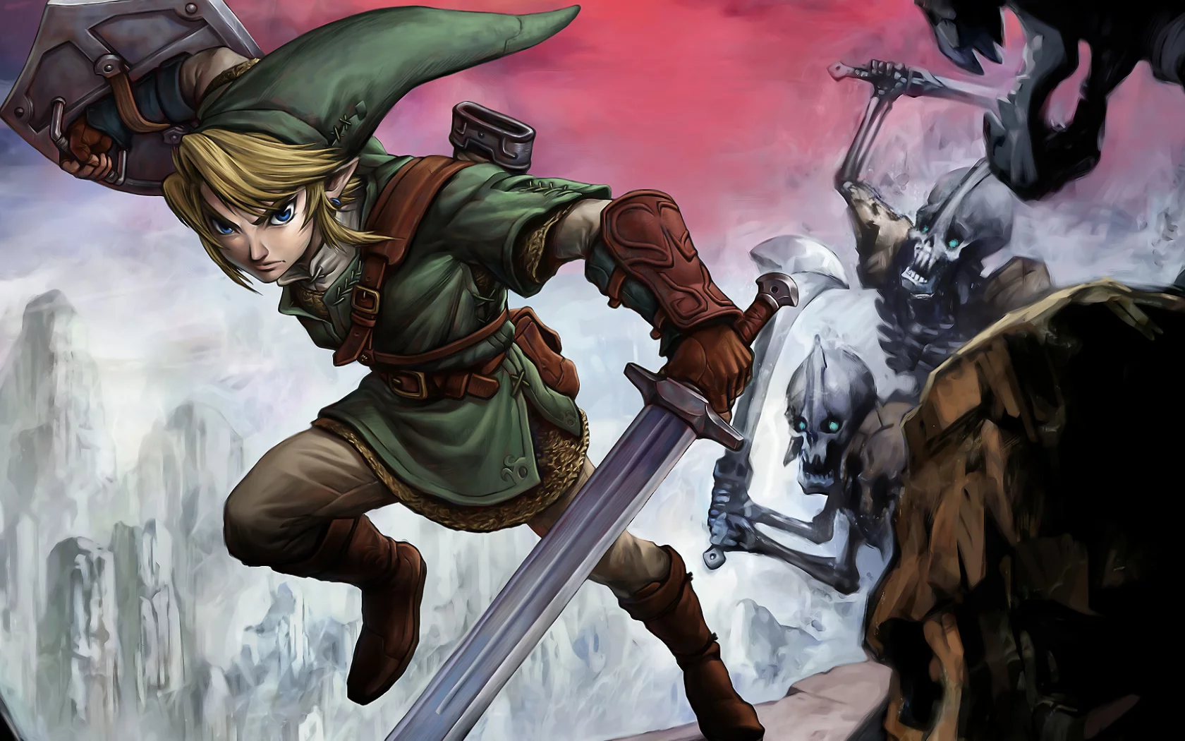 парень, щит, эльф, нежить, скалы, меч, zelda, link, битва, скелеты