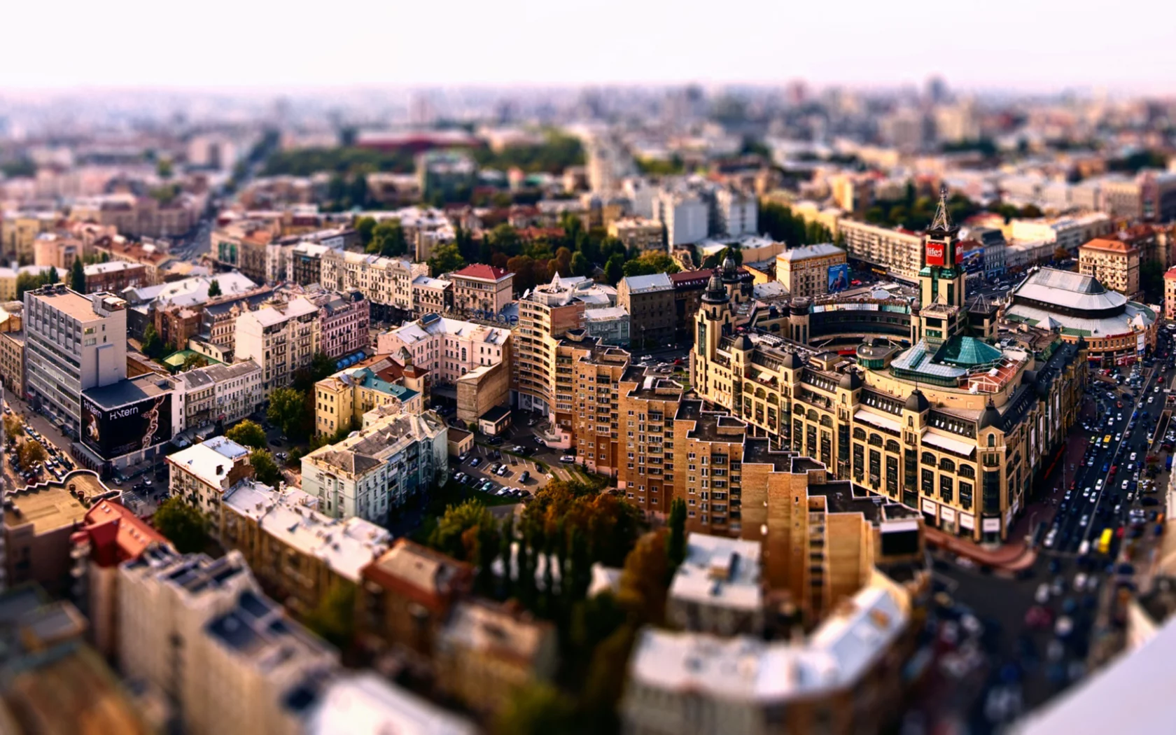 дороги, машины, город, дома, tilt-shift