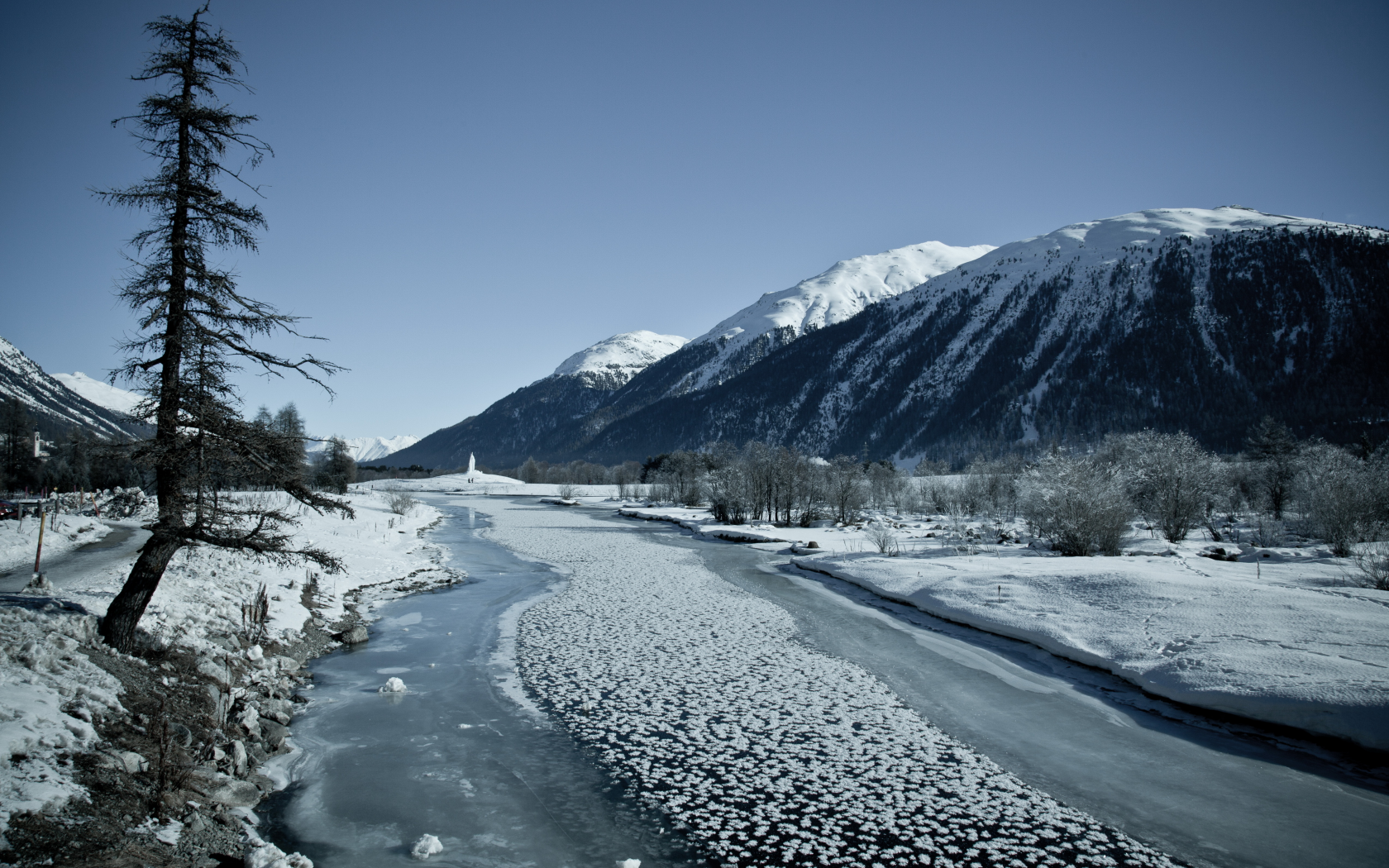 река, снежные вершины, зима, долина, лёд