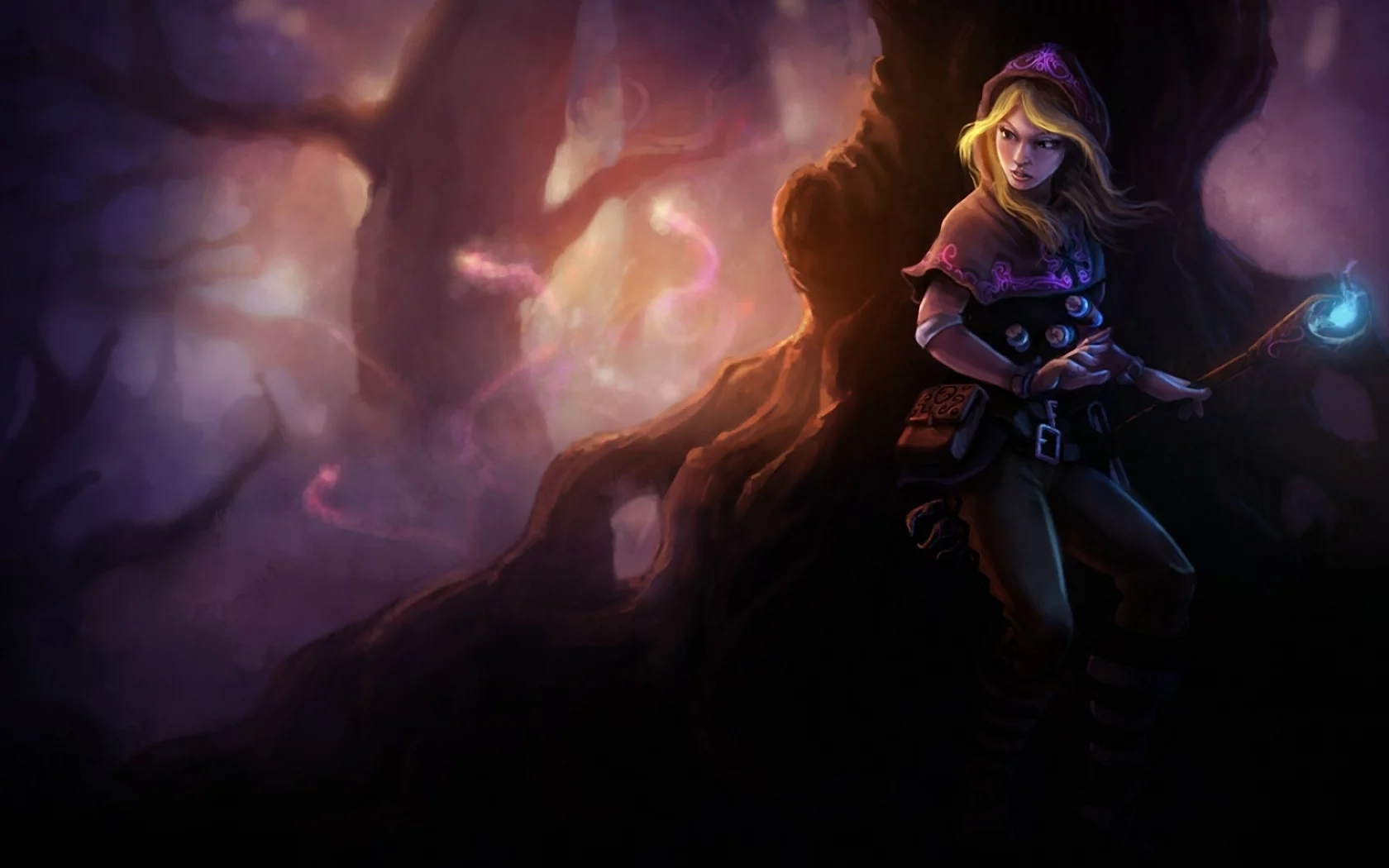 капюшон, lux, фонарь, арт, league of legends, лес, огонек, магия, девушка, темно