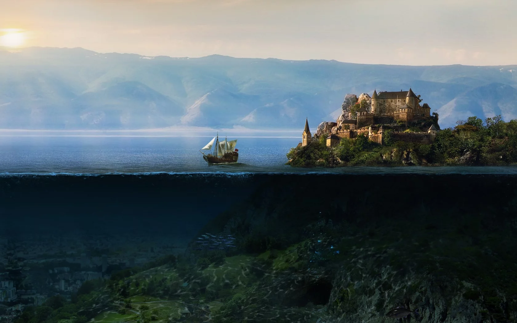 судно, море, замок, остров