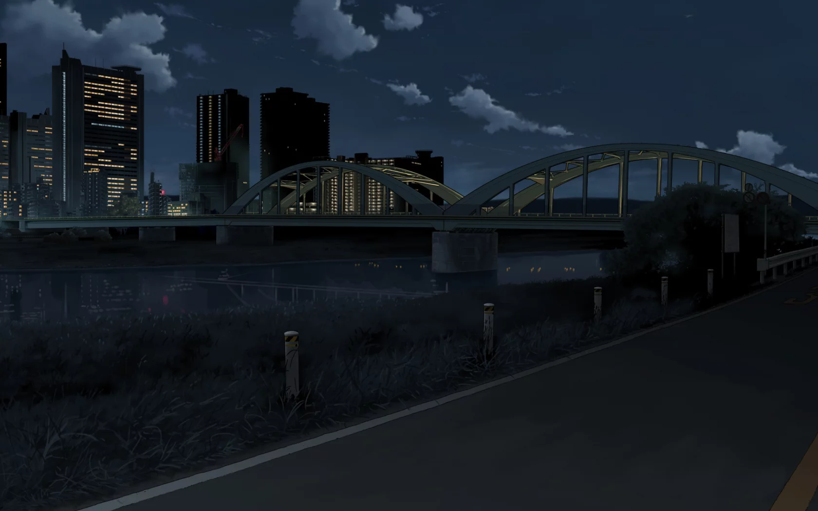 мост, night bridge, city lights, город, облака, дорога, ночь