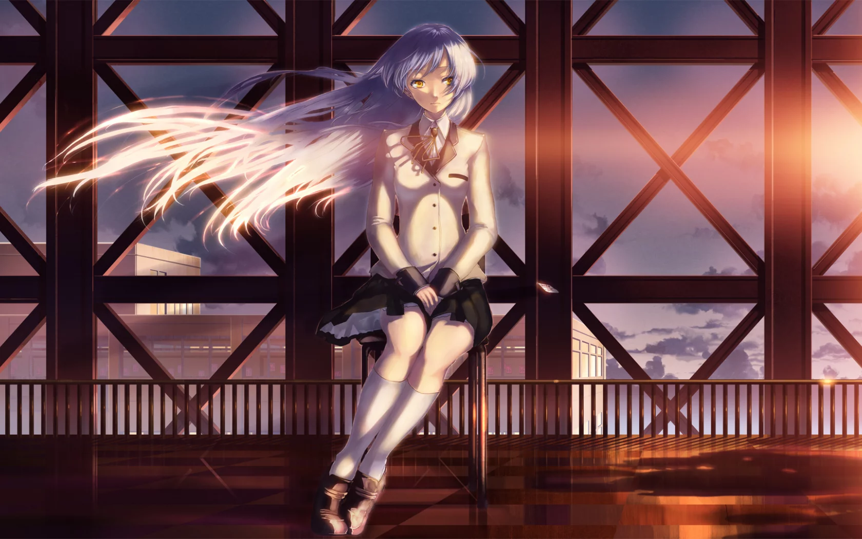 девушка, angel beats, длинные волосы, sunset, закат, крыша