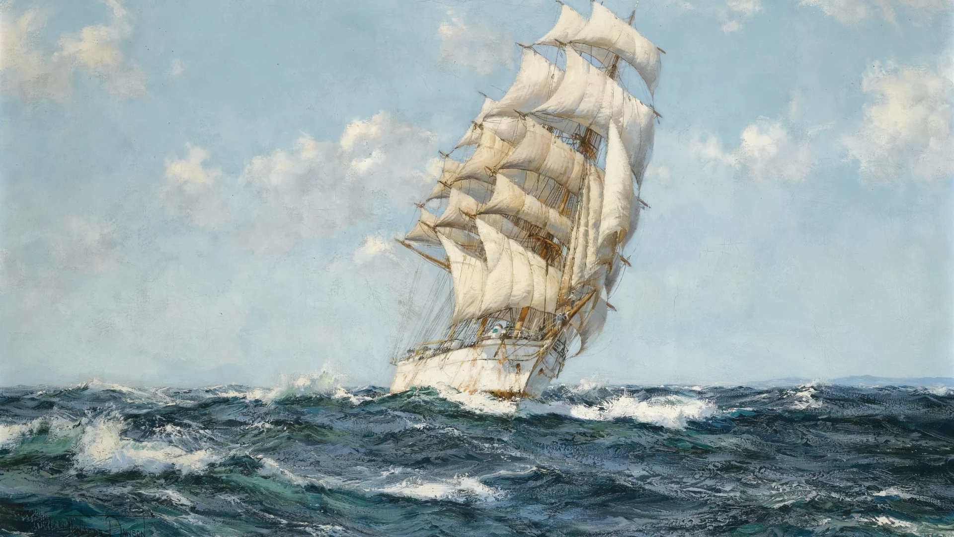 море, рисунок, парусник, живопись, montague dawson