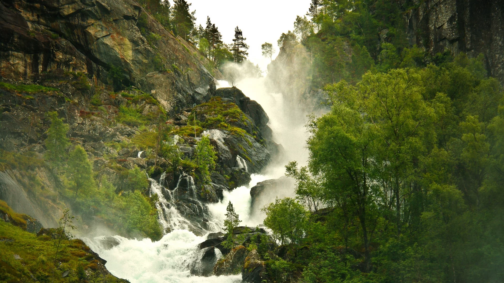 дымка, туман, лес, водопад, пар, природа