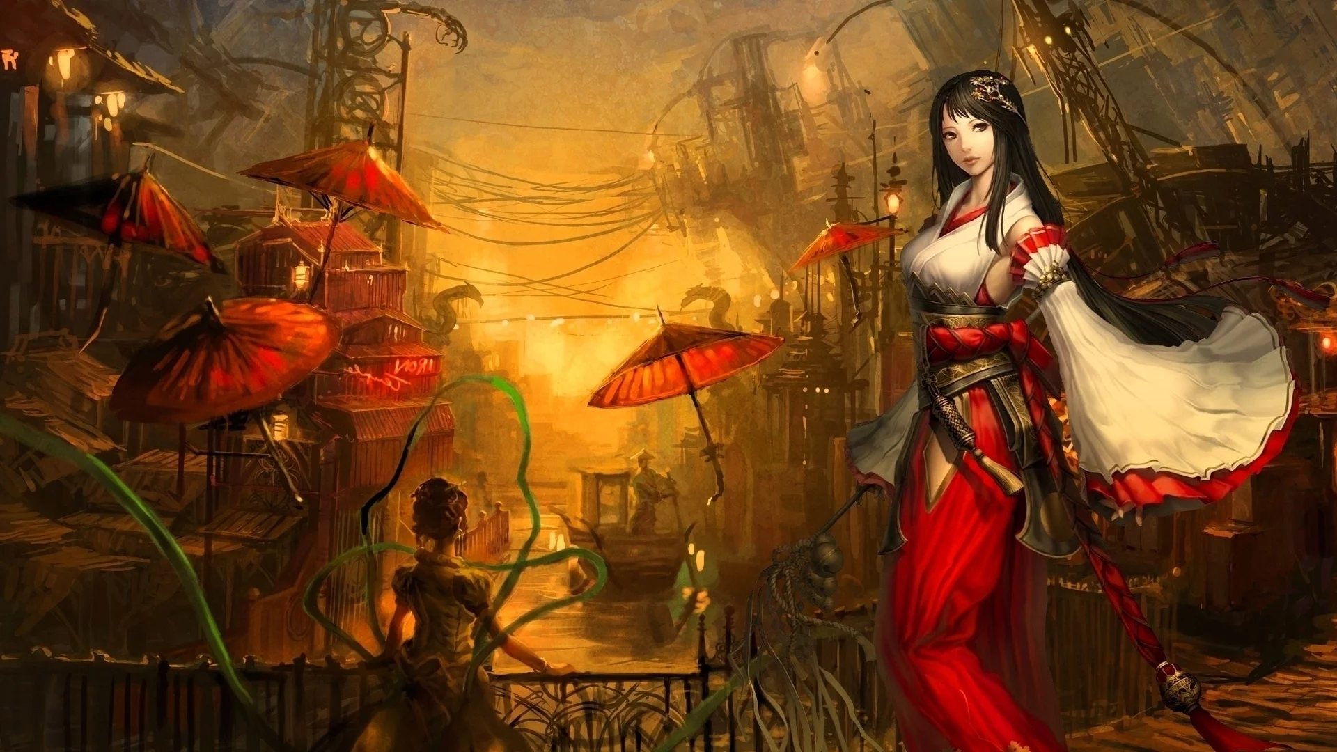 лодка, atlantica online, зонтики, платье, лента, город, девушки