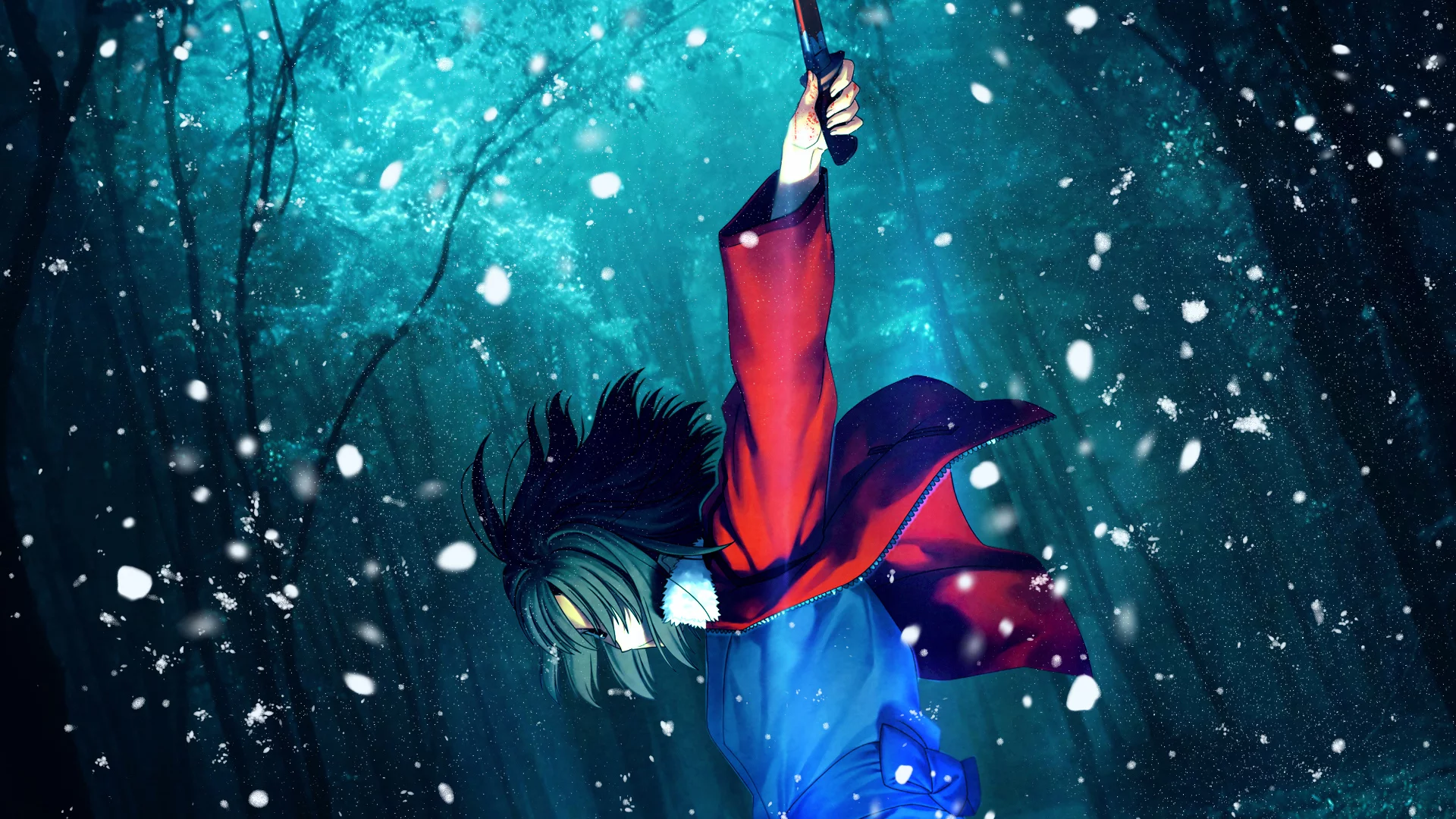 kara no kyoukai, меч, shiki ryougi, катана, девушка, снег, лес, взмах, сад грешников