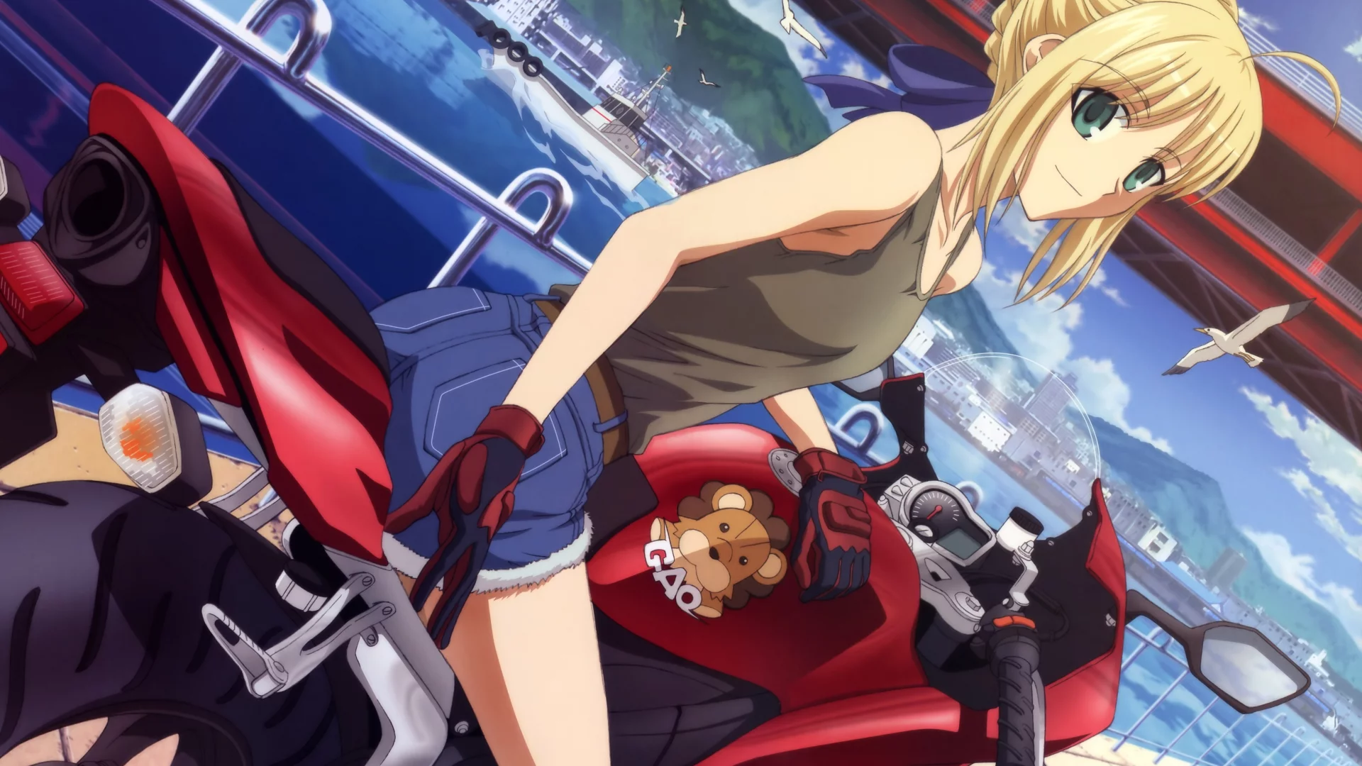 saber, fate stay night, мотоцикл, девушка, взгляд, река, bike