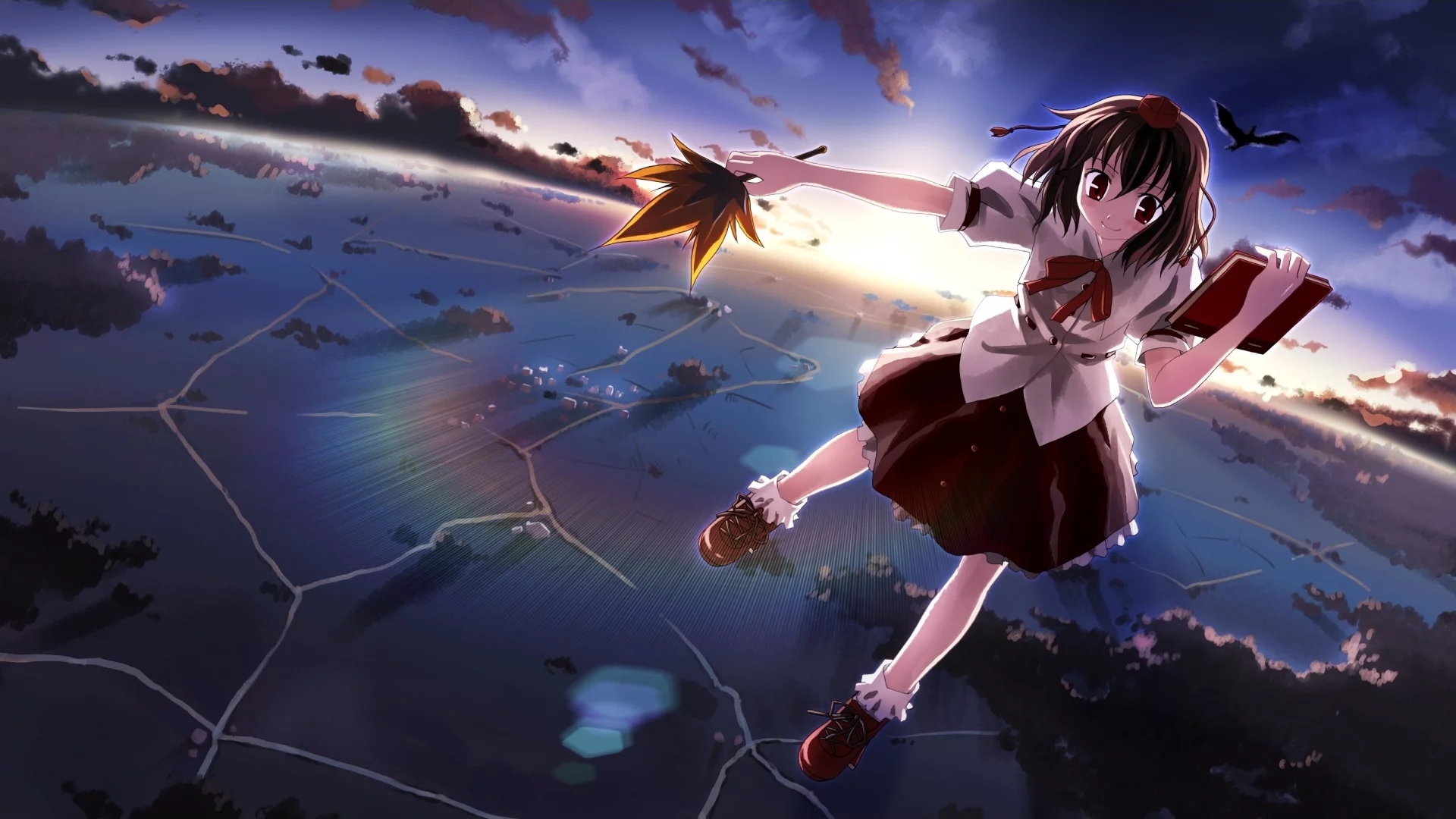книга, touhou, летит, лист, девушка