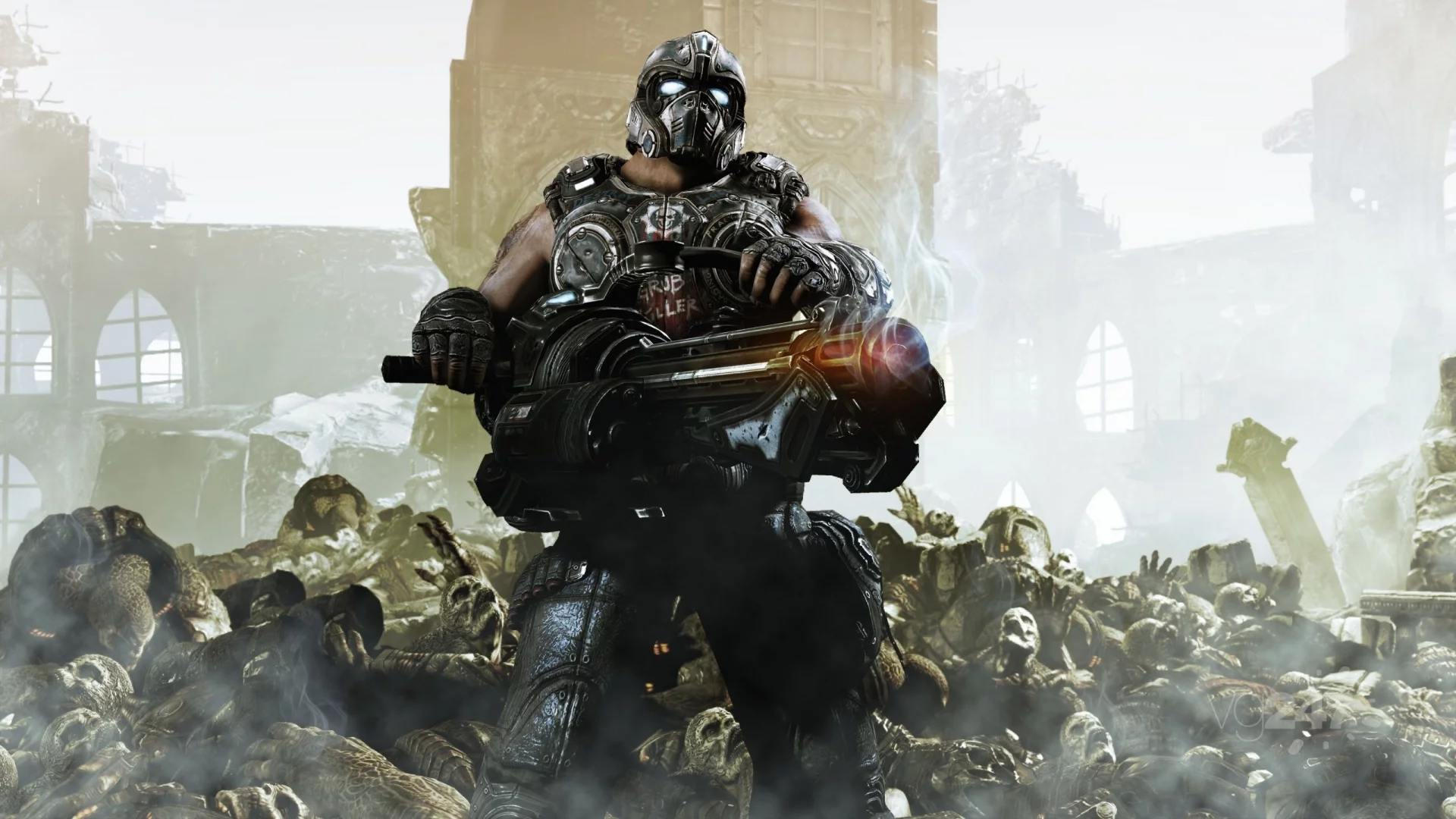 солдат, пулемёт, трупы, gears of war 3
