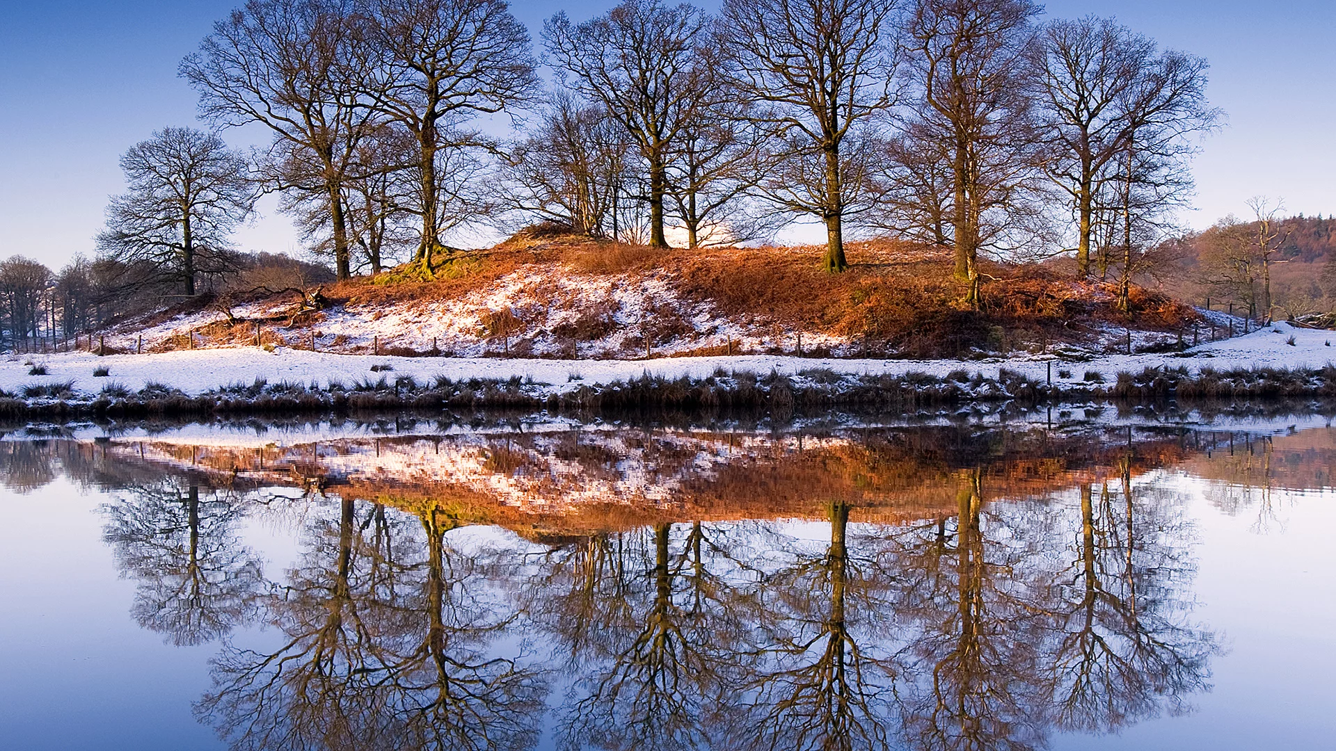 снег, деревья, природа, берег, отражение, зима, река