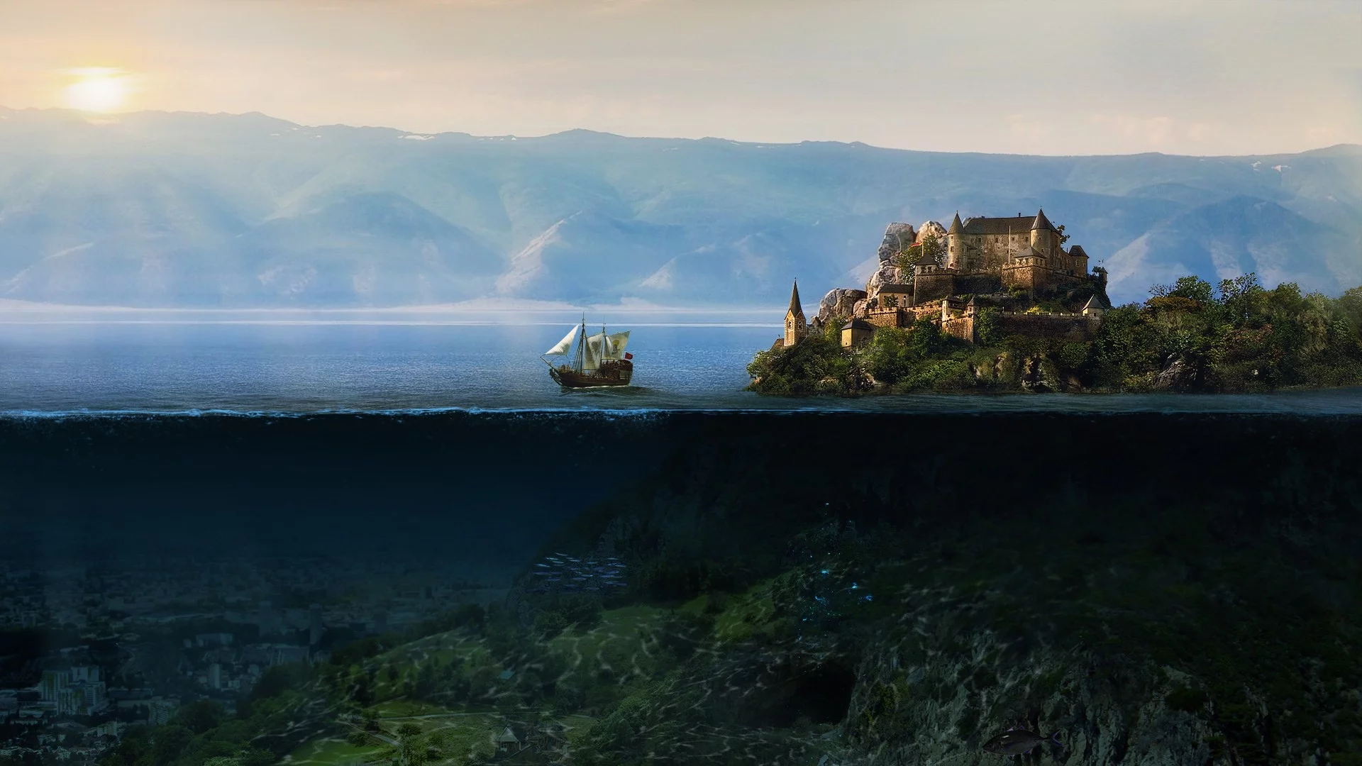 судно, море, замок, остров