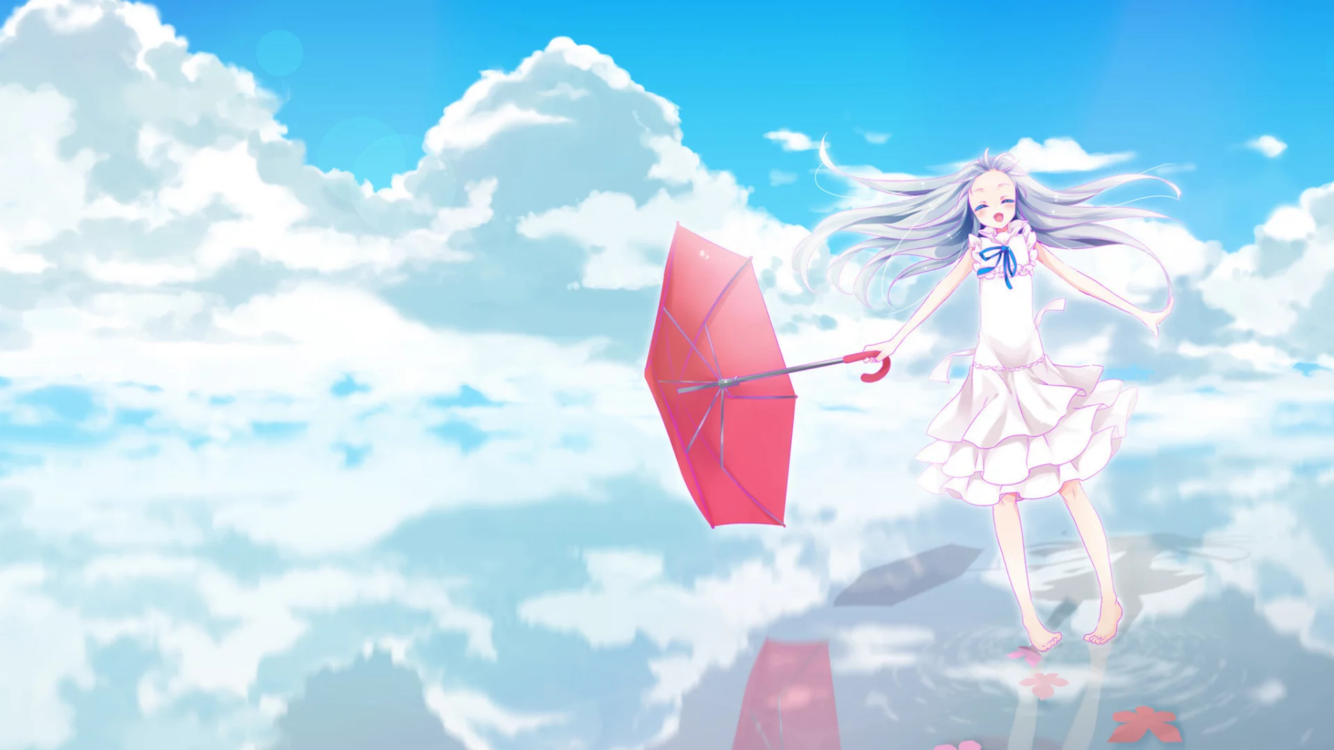 небо, мэйко хомма, аниме, зонтик, вода, anohana