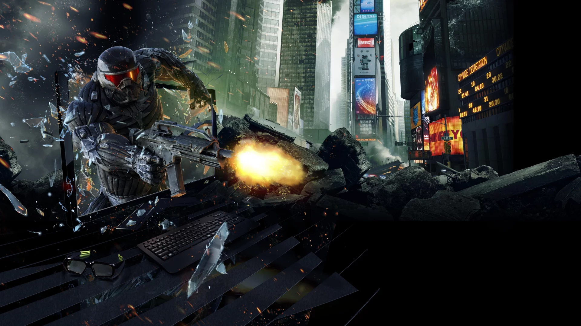 кризис, монитор, очки 3d, crysis 2, нью йорк, город