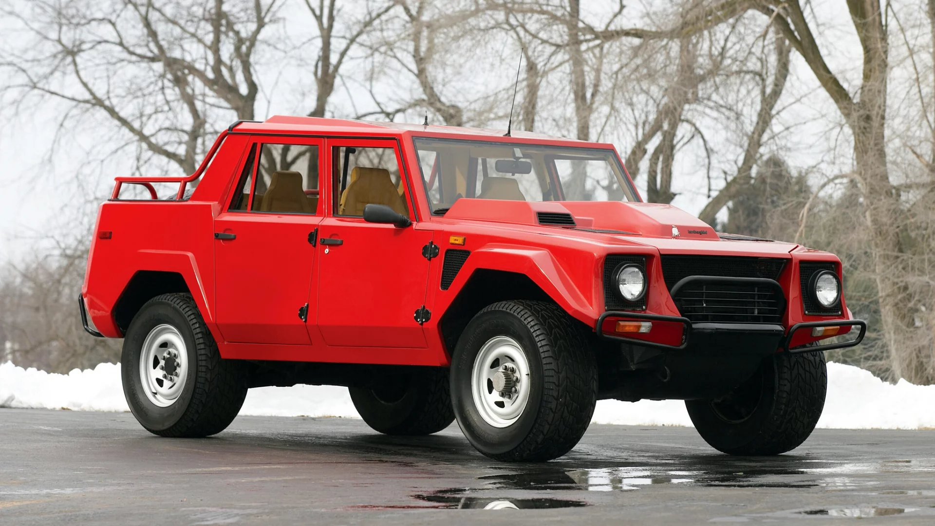 lamborghini lm002, внедорожник, красный, снег