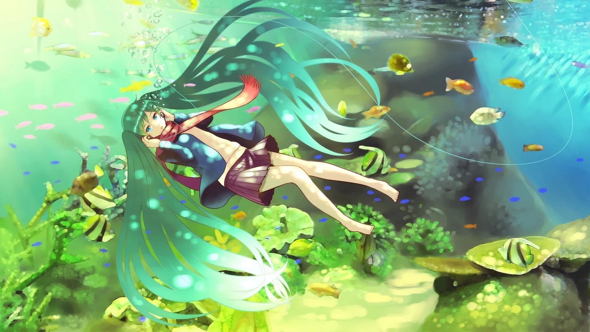 под водой, вокалоид, наушники, hatsune miku, рыбы, шарф, волосы