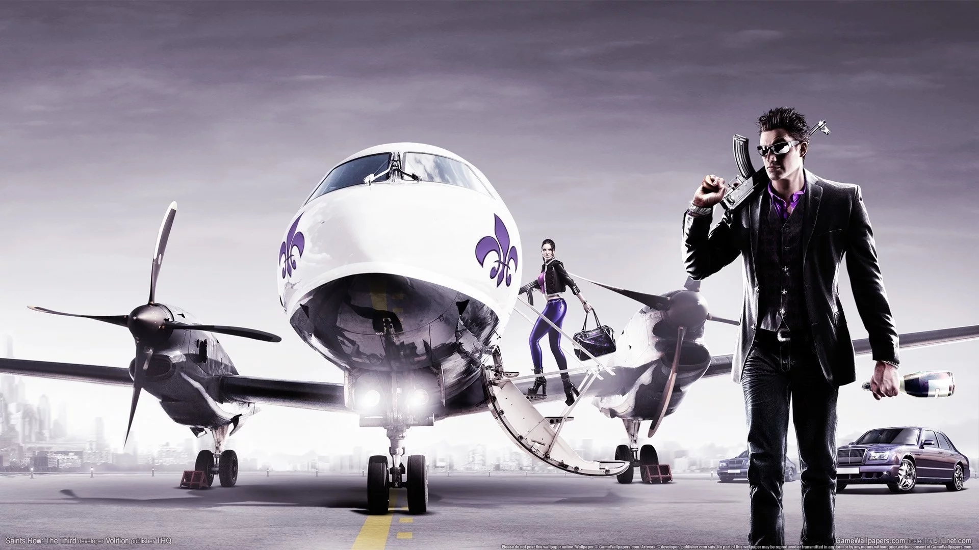 the third, saints row, баба, самолет, gamewallpapers, фиолетовое, парень, thq, оружие, машины