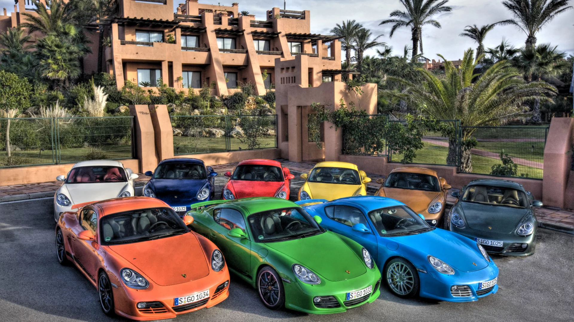 дом, пальмы, стоянка, porsche, вилла, разные, забор, цвета