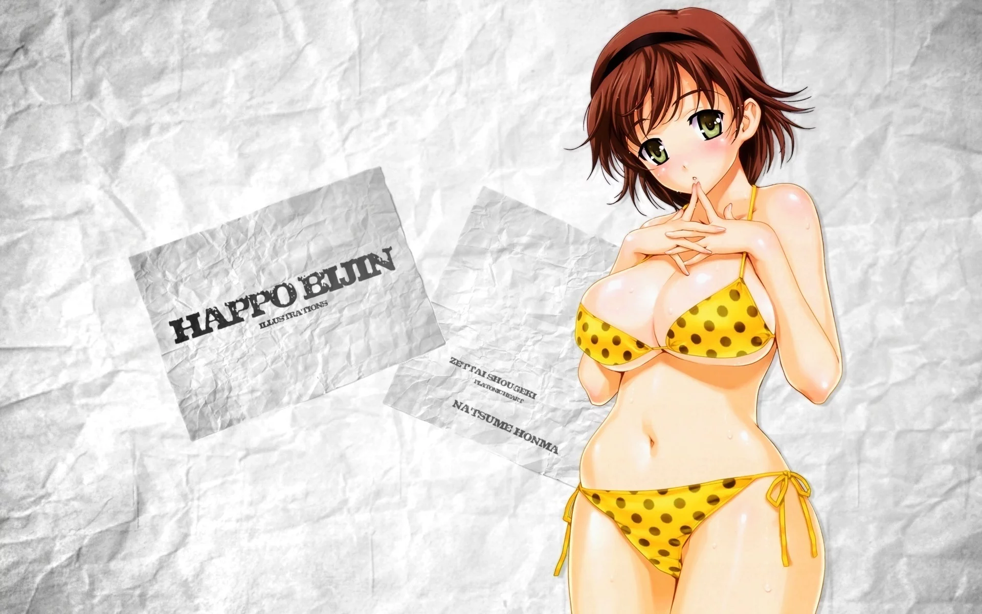 бумага, взгляд, купальник, natsume honma, текстура, zettai shougeki, девушка, фон