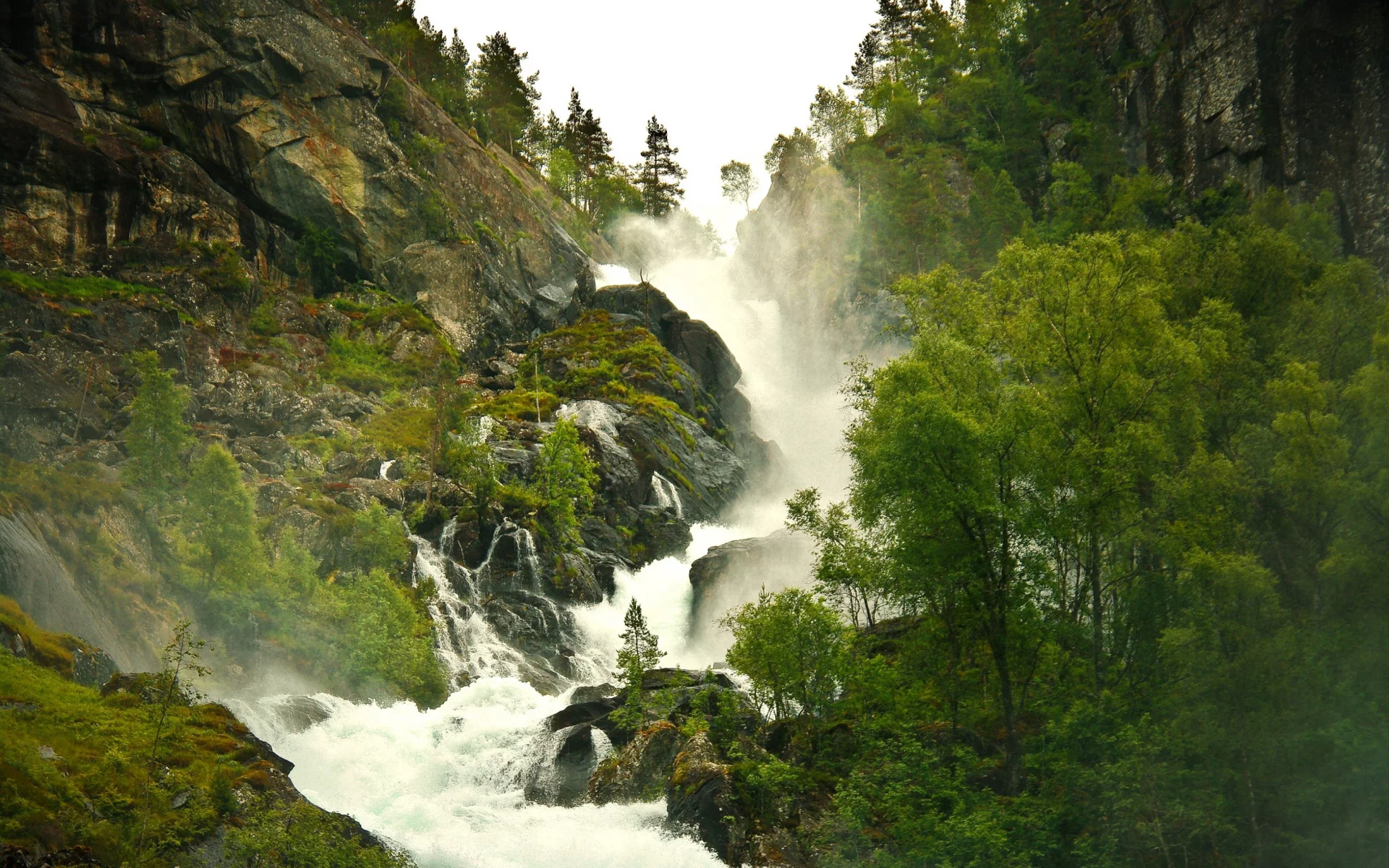 дымка, туман, лес, водопад, пар, природа